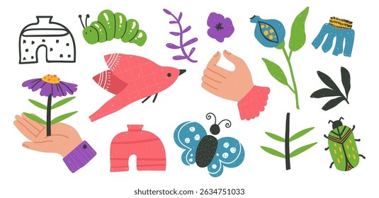 Isolated clip arts on white background, a set of folk naive bold insects, butterflies, birds, flowers, vases and hands in a cheerful, bright hand-drawn vector style