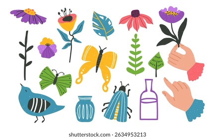 Isolated clip arts on white background, a set of folk naive bold insects, butterflies, birds, flowers, vases and hands in a cheerful, bright hand-drawn vector style
