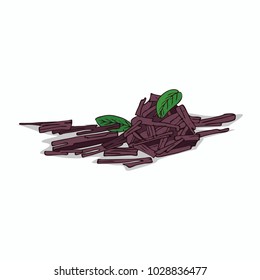 Isolated clipart of plant Sandalwood on white background. Botanical drawing of herb Sandal with sticks and leaves, chips, billets. Vector illustration