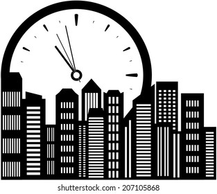 isolated clock and city landscape icon. realty symbol