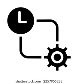 Isolated clock with gear in glyph icon on white background. Productivity, performance, development, cogwheel, efficiency