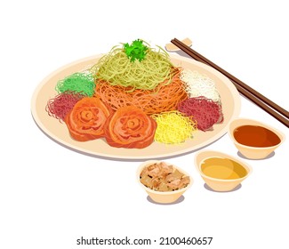 Isolated close up YuSheng, yee sang or yuu sahng, or Prosperit. salmon fish raw and vegetables salad.Chinese food and chopsticks on a table. 
