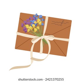 Isolated closed craft envelop with handwritten letter tied with ribbon bow and flowers bouquet