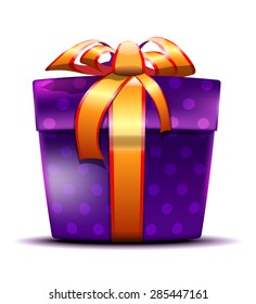 Isolated Closed Purple Gift Box With Ornaments Of The Points Tied A Gold Ribbon With A Bow. Vector Illustration