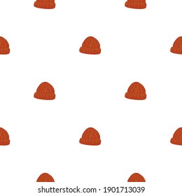 Isolated clothes doodle seamless pattern with simple red beanie hat ornament. White background. Stock illustration. Vector design for textile, fabric, giftwrap, wallpapers.