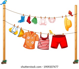 Isolated clothes hanging on clothesline on white background illustration