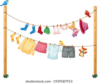 Isolated Clothes Hanging On Clothesline On White Background Illustration