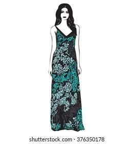 Isolated clothing model staying print outline floral white clothes pose line diva vector glamour celebration graphic casual drawing female fashion posing contour elegant ink dress lady figure girl