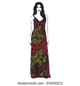 Isolated clothing model staying print outline floral white clothes pose line diva vector glamour celebration graphic casual drawing female fashion posing contour elegant ink dress lady figure girl