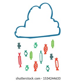 Isolated cloud, falling colorful candies. Graphic style.The miracle and festive mood. Simple design for party decorations for any occasion. Cute, fun, childish illustration. Holiday cards and prints
