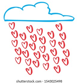 Isolated cloud with falling red hearts. Graphic style. The romantic mood. Love, happiness, date. Simple design for wedding, anniversary and St.Valentine days decorations. Cute illustration for cards.