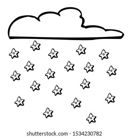 Isolated cloud with falling stars in graphic black style. The miracle and festive mood. Simple design for party decorations for any occasion. Cute, fun, childish illustration. Holiday cards and prints