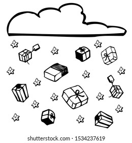 Isolated cloud, falling stars and presents. Black graphic.The miracle and festive mood. Simple design for party decorations for any occasion. Cute, fun, childish illustration. Holiday cards and prints