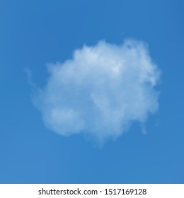 Isolated cloud on a blue sky backdrop. Graphic template with soft smooth colors. Space, vector illustration. White realistic, transparent and natural cloud. Smoke or thundercloud.