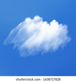 Isolated cloud on a blue sky background. Illuminated template with soft smooth colors. Decoration, vector illustration. White realistic natural and transparent cloud. Thundercloud or smoke.