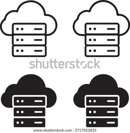 Isolated Cloud Server Icons, Cloud Server Black Minimal Vector Icons, Cloud Computing UI Symbols, Four Identical Grid Layout Icons, Clean Modern App Web Network Infrastructure Icons