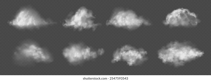 Isolated cloud or smoke on dark background set. Realistic Cloud weather elements. Smoke or fog, sky or steam symbol. smoke wave, smoking explosion pattern. Mist flow vector