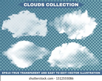 Isolated clouds on a blue sky background. Vector illustrations set. Colorful template with soft colors. White realistic natural and transparent elements. Thunderclouds or smoke.