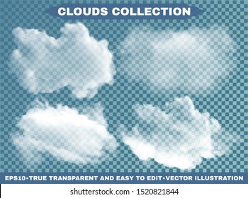 Isolated clouds on a blue sky backdrop. Vector illustrations kit. Abstract template with soft colors. White realistic, transparent and natural elements. Smoke or thunderclouds.