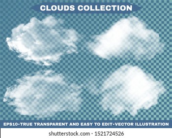 Isolated clouds on a blue sky backdrop. Air template with soft colors. Vector illustrations kit. White realistic, transparent and natural elements. Smoke or thunderclouds.