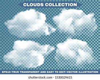 Isolated clouds on a blue sky background. Vector illustrations kit. Bright template with soft colors. White realistic natural and transparent elements. Thunderclouds or smoke.