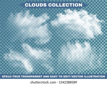 Isolated clouds on a blue sky backdrop. Dynamic template with soft colors. Vector illustrations kit. White realistic, transparent and natural elements. Smoke or thunderclouds.