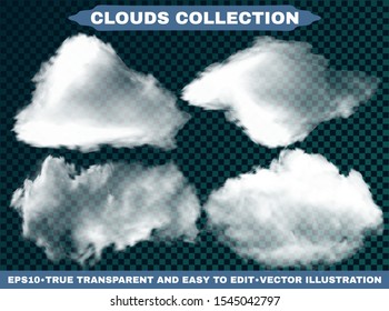 Isolated clouds on a blue sky backdrop. Vector illustrations set. Graphic template with soft colors. White realistic, transparent and natural elements. Smoke or thunderclouds.