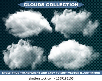 Isolated clouds on a blue sky background. Dynamic template with soft colors. Vector illustrations kit. White realistic natural and transparent elements. Thunderclouds or smoke.