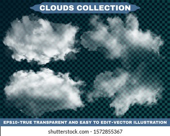 Isolated clouds on a blue sky background. Vector illustrations collection. Fluffy template with soft colors. White realistic natural and transparent elements. Thunderclouds or smoke.