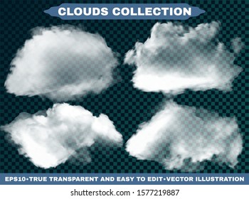 Isolated clouds on a blue sky background. Vector illustrations collection. Air template with soft colors. White realistic natural and transparent elements. Thunderclouds or smoke.