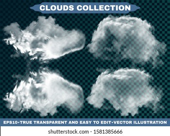 Isolated clouds on a blue sky background. Creative template with soft colors. Vector illustrations set. White realistic natural and transparent elements. Thunderclouds or smoke.