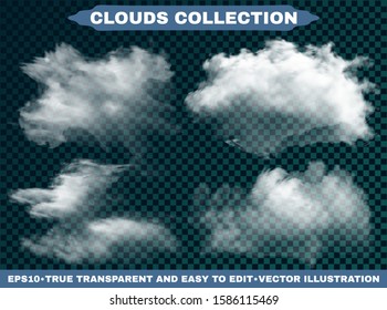Isolated clouds on a blue sky background. Vector illustrations set. Illuminated template with soft colors. White realistic natural and transparent elements. Thunderclouds or smoke.