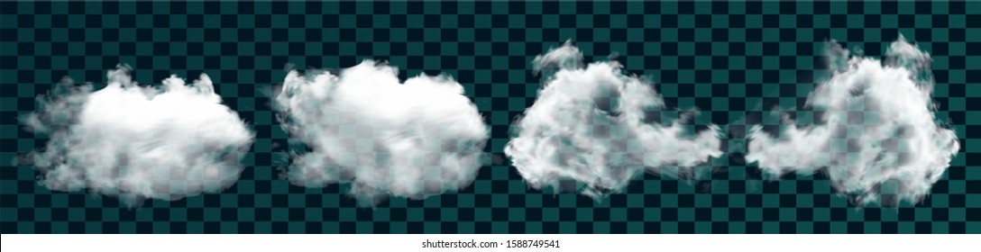 Isolated clouds on a blue sky backdrop. Air template with soft colors. Vector illustrations kit. White realistic, transparent and natural elements. Smoke or thunderclouds.