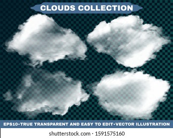 Isolated clouds on a blue sky backdrop. Graphic template with soft colors. Vector illustrations set. White realistic, transparent and natural elements. Smoke or thunderclouds.