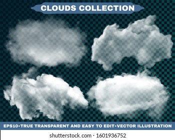 Isolated clouds on a blue sky background. Bright template with soft colors. Vector illustrations collection. White realistic natural and transparent elements. Thunderclouds or smoke.