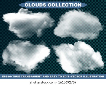 Isolated clouds on a blue sky backdrop. Creative template with soft colors. Vector illustrations kit. White realistic, transparent and natural elements. Smoke or thunderclouds.