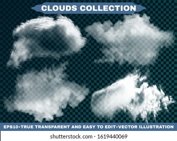 Nubes aisladas sobre un fondo azul del cielo.  Colección de ilustraciones vectoriales. Plantilla abstracta con colores suaves. Elementos blancos, naturales, transparentes y realistas. Nubes o humo.