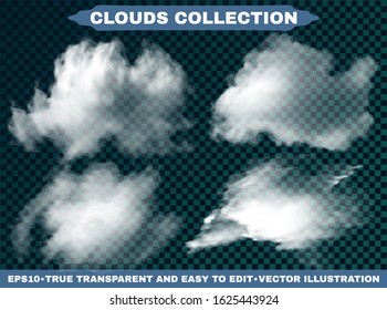 Isolated clouds on a blue sky background.  Cloudy template with soft colors. Vector illustrations kit. White natural, transparent and realistic elements. Thunderclouds or smoke.