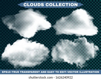 Isolated clouds on a blue sky backdrop. Original template with soft colors. Vector illustrations collection. White realistic, transparent and natural elements. Smoke or thunderclouds.