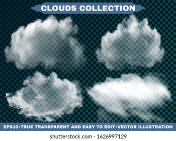 Isolated clouds on a blue sky background. Vector illustrations collection. Original template with soft colors. White realistic natural and transparent elements. Thunderclouds or smoke.