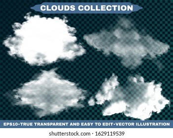 Isolated clouds on a blue sky backdrop. Creative template with soft colors. Vector illustrations kit. White realistic, transparent and natural elements. Smoke or thunderclouds.