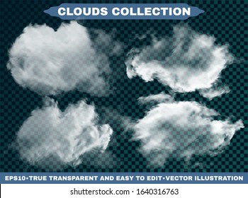 Isolated clouds on a blue sky background. Vector illustrations set. Original template with soft colors. White realistic natural and transparent elements. Thunderclouds or smoke.