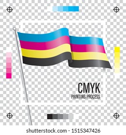 isolated CMYK waving Flag with offset printing registration marks pops out from white Square on gray background