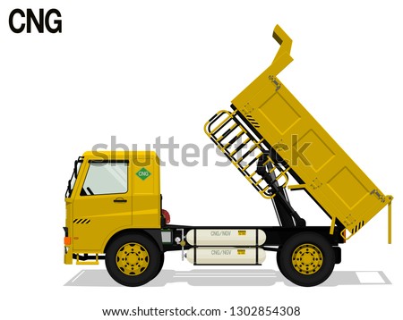 Isolated CNG dump truck is lifting tray on transparent background