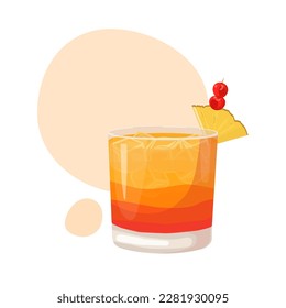 Isolated cocktail mai tai in color  with ice, pineapple and cherry. Cartoon vector illustration for print, menu and flayer