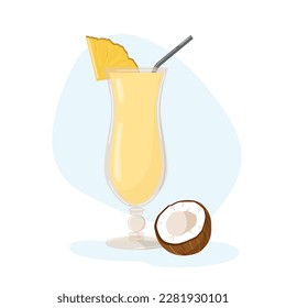 Isolated Cocktail pina colada with coconut and pineapple. Vector cartoon illustration in color for menu, flayer in bar, club or restaurant