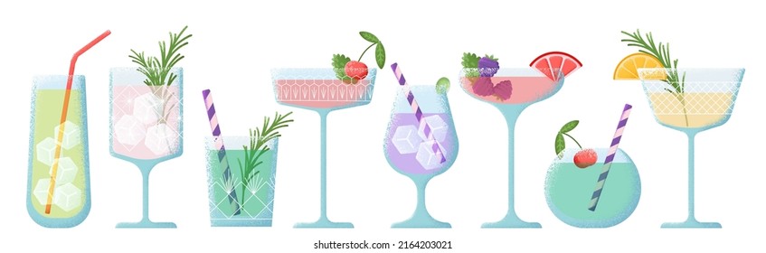 Isolated cocktails. Club party drinks, cocktail beach vacation time. Tropical and alcoholic summer drink, swanky beverages with ice and fruits vector set