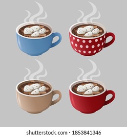 Isolated cocoa cups on a white background. Colorful cups with hot chocolate and marshmallows.