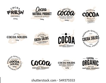 Isolated cocoa logo set with cocoa fresh organic cocoa natural product premium quality descriptions vector illustration