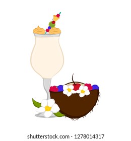 Isolated coconut cocktail with fruits and flowers. Vector illustration design